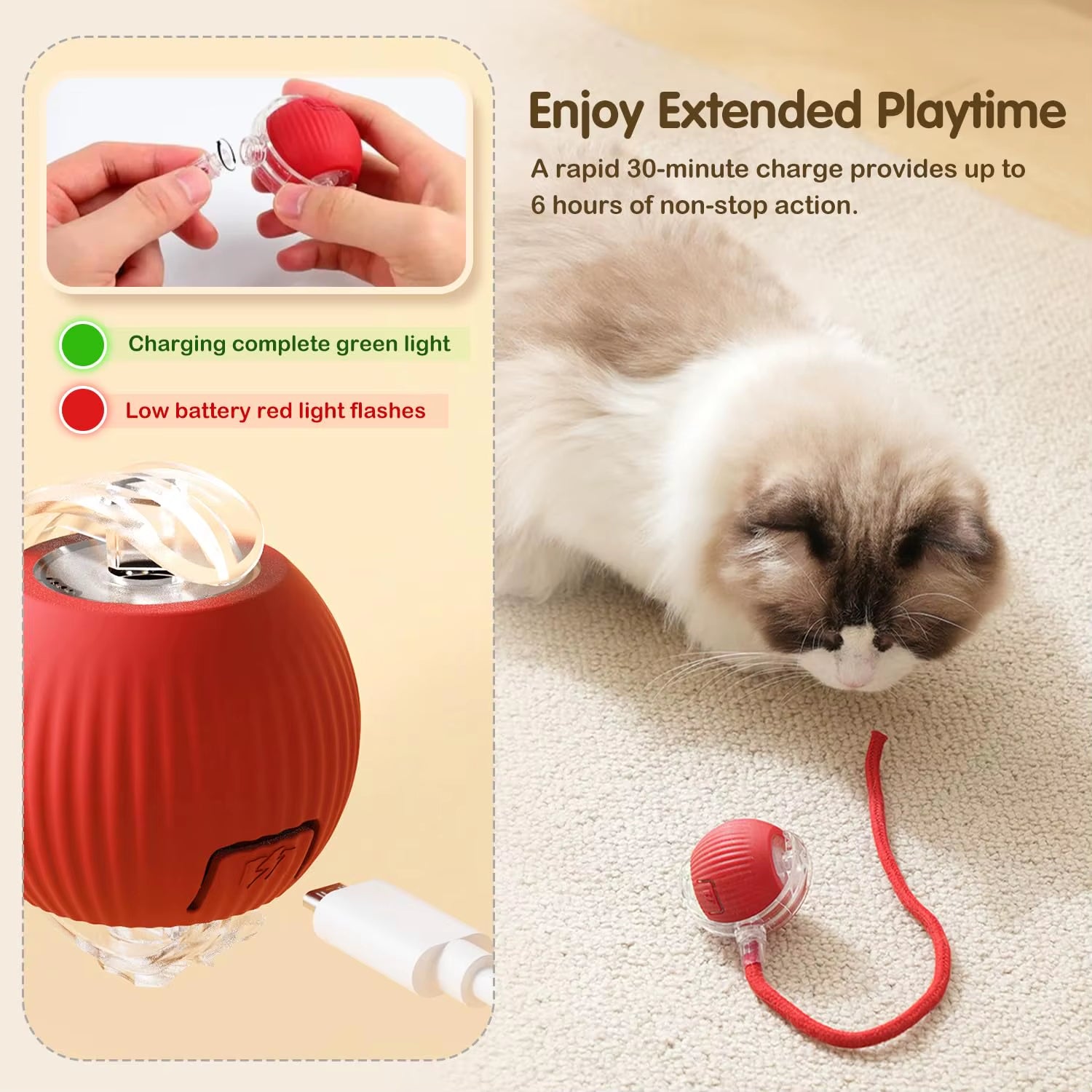 Cat Interactive Ball Toy – Automatic Rolling Ball with Tail, Rechargeable Smart Pet Toy